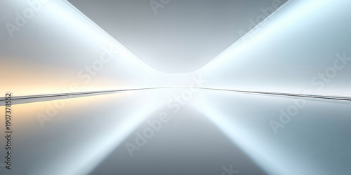 Futuristic architectural space where soft light flows across the floor, creating sense of depth and dimension. Mix of cool hues with subtle warm. Smooth surfaces, minimal structure suit for background