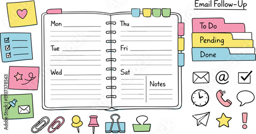 Open weekly planner spread, tabbed notebook pages, paper clips and sticky notes, small reminder icons for Email follow up tracker