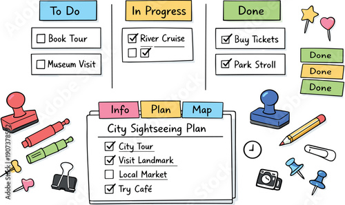 Kanban task cards on paper, column headers on sticky notes, stamps and markers, checklist symbols for City sightseeing plan with