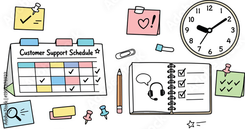 Desk calendar page, notebook, sticky notes and a wall clock, checkmarks and event blocks for Customer support schedule with tabs,