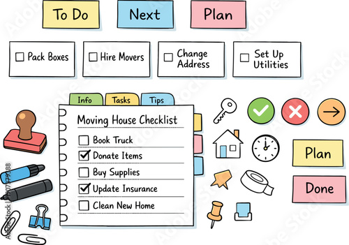 Kanban task cards on paper, column headers on sticky notes, stamps and markers, checklist symbols for Moving house checklist with