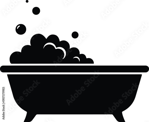 Bathtub with soap foam and floating bubbles for bathroom design silhouette vector illustration