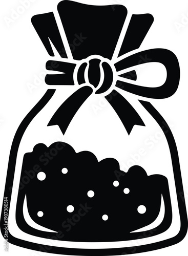 Simple gift bag icon tied with ribbon bow and contents silhouette vector illustration