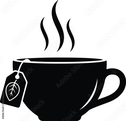 Steaming hot tea cup with tag and leaf symbol silhouette vector illustration