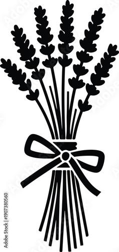 Stylized fragrant lavender herb sprigs bouquet tied ribbon design element silhouette vector illustration