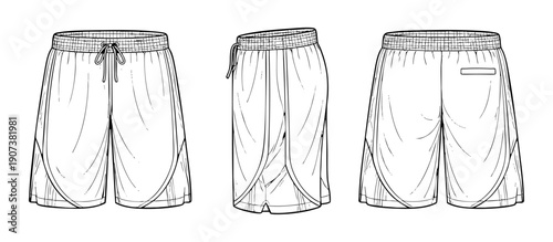 Men’s basketball shorts mockup with layered curved hem panels, elastic drawstring waistband and rear pocket, front side and back views technical line template