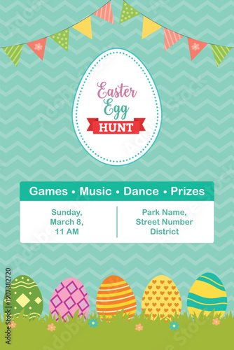 Easter Egg Hunt Poster Template with Colorful Eggs, Holiday Event Flyer Design