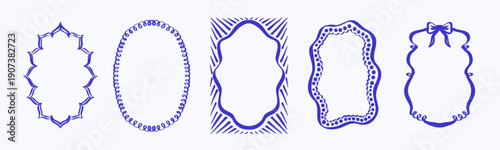 Hand drawn decorative frames set with wavy and vintage borders. Doodle retro curly postcard decor frames. Vector illustration.	