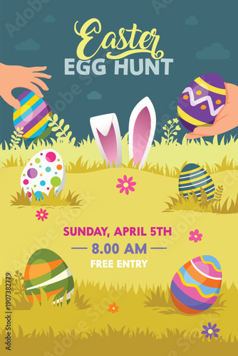 Easter Egg Hunt Poster Template with Colorful Eggs, Holiday Event Flyer Design