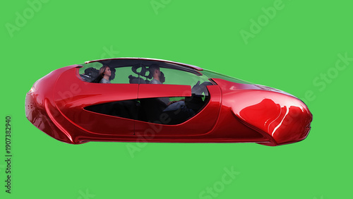 Futuristic flying red car. realistic dynamic reflections on the car body. green screen isolate. 3d rendering.