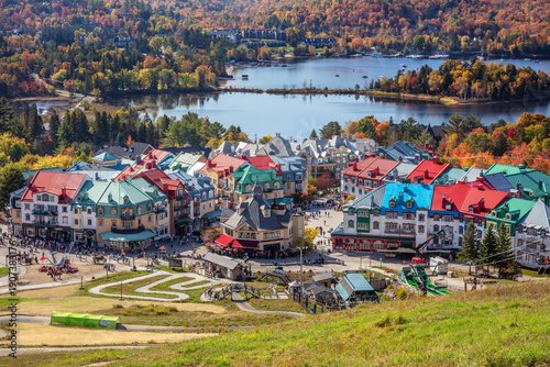 Colorful Mont Tremblant Village in Autumn with Fall Foliage and Lake, Quebec Canada