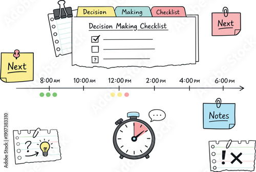 Daily schedule timeline with time blocks, timer and notebook page scraps, sticky notes and progress dots for Decision making