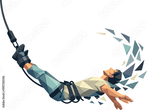 Low-poly vector illustration of a bungee jumper rebounding after maximum stretch, body arcing upward with controlled angular