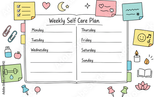 Open weekly planner spread, tabbed notebook pages, paper clips and sticky notes, small reminder icons for Weekly self care plan