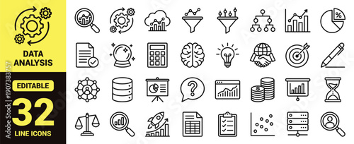 Data analysis and business intelligence icon set with charts, graphs, databases, magnifying glass, calculator, hierarchy, funnel, rocket launch, checklist, scatter plot, and analytics ranking symbols