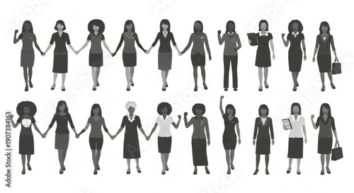 Diverse group of women holding hands in business attire standing together