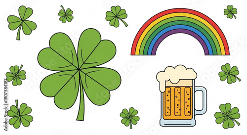 St patricks day illustration with shamrock rainbow and beer mug