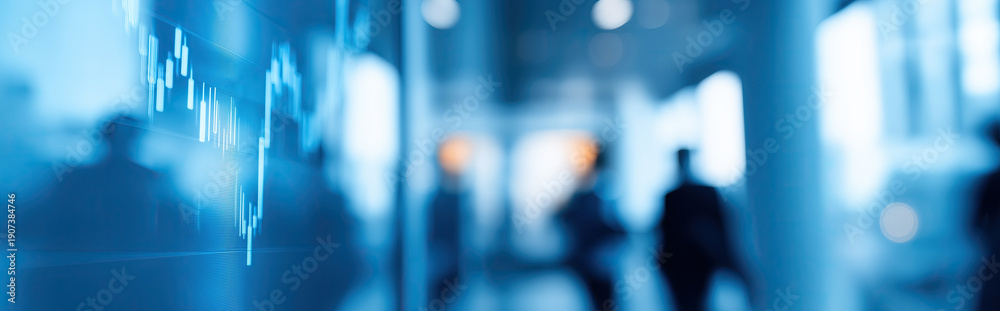 custom made wallpaper toronto digitalAn illuminated digital display shows upward-trending financial charts and graphs in glowing blue tones in front of blurred office background