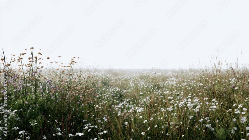 Naklejka premium Field of daisies in morning mist
