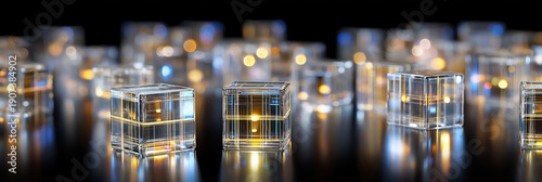 Wallpaper Mural Multiple illuminated transparent blocks are arranged on a dark, reflective surface, creating a futuristic cityscape. Torontodigital.ca