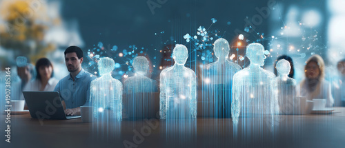 Wallpaper Mural blurred Colleagues collaborate at work while translucent digital figures hover, symbolizing connected teams, HR tech, and networks Torontodigital.ca