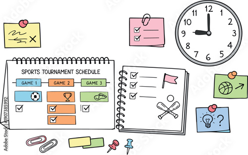 Desk calendar page, notebook, sticky notes and a wall clock, checkmarks and event blocks for Sports tournament schedule with tabs
