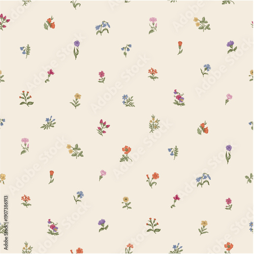 Flowers of the meadow. Seamless pattern. Vintage vector floral illustration. Small flowers, pattern like polka dot. Colorful
