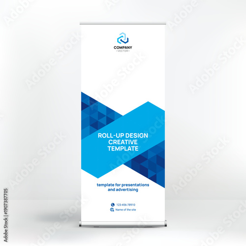 Banner design, roll-up stand for advertising, conferences, seminars, poster template for placing photos and text. Creative background for presentation	
