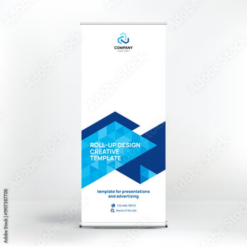 Banner design, roll-up stand for advertising, conferences, seminars, poster template for placing photos and text. Creative background for presentation	
