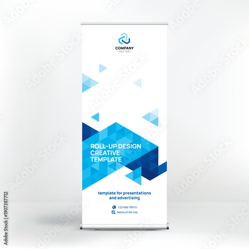 Banner design, roll-up stand for advertising, conferences, seminars, poster template for placing photos and text. Creative background for presentation	
