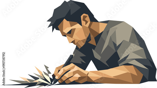 Low-poly vector illustration of a designer at peak precision mid-stroke, body held steady with visible angular control through