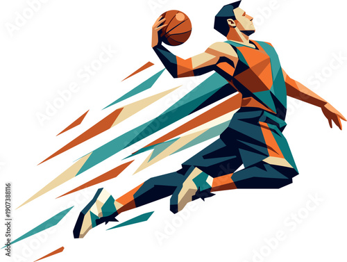 Low-poly vector illustration of a basketball player launching into the air for a dunk, explosive vertical motion with elongated
