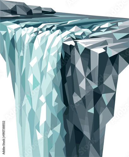 Low-poly vector illustration of a waterfall plunge spray in the setup phase, faceted cliff edge with a thick angular river