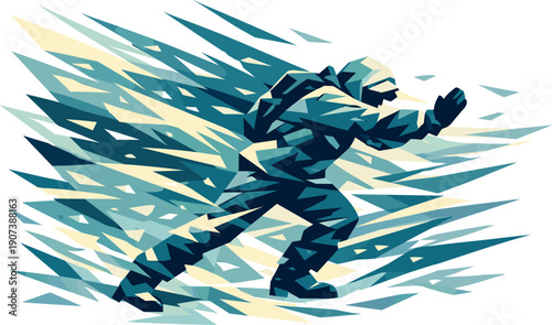 Low-poly vector illustration of a gamer preparing for a victory jump, wide angular stance in front of an implied gaming setup