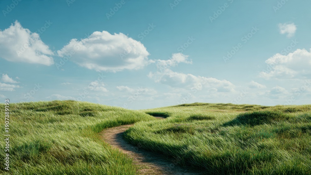 Obraz premium Idyllic path through grassy dunes under blue sky