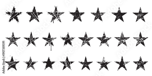 Stars. Black silhouette of a five-pointed star in grunge style with a distressed effect, isolated on a transparent background, vector illustration set.