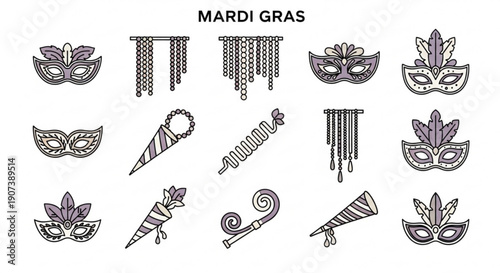 Mardi gras masks and decorations for party celebrations