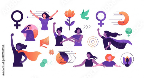 Women empowerment symbols and diverse female figures in purple orange and green