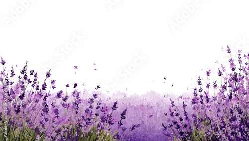 Watercolor depiction of a lavender field in bloom against a stark white backdrop