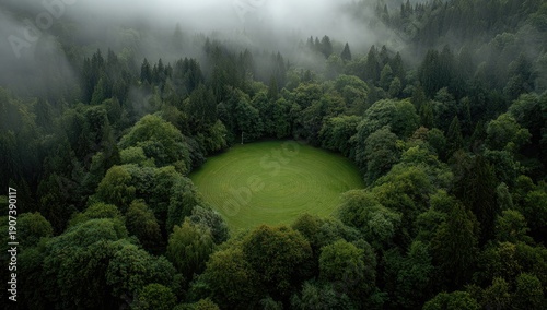 Aerial shot of a circular meadow nestled within a dense, misty evergreen forest