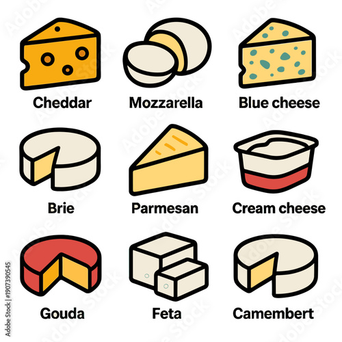 Assorted cheese varieties: cheddar, brie, feta, and more in illustrated icons