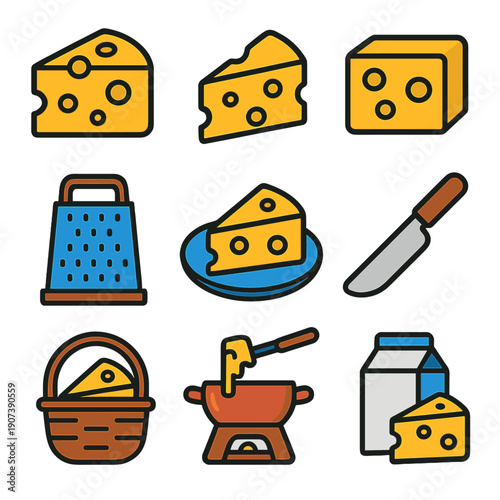 Variety of cheeses and tools for eating and preparing cheese dishes