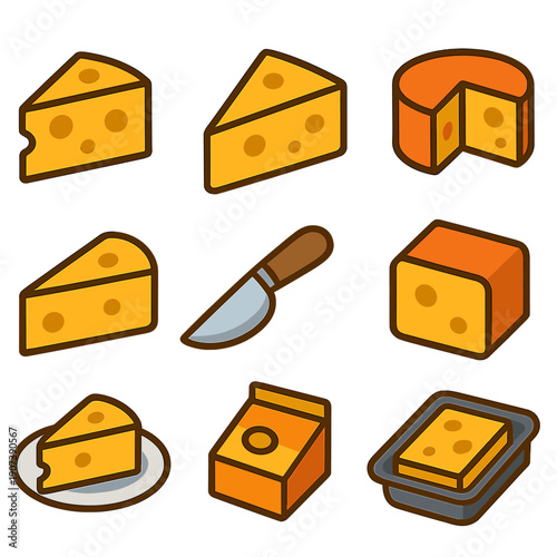 Cheese icon set: varieties and knife on brown background