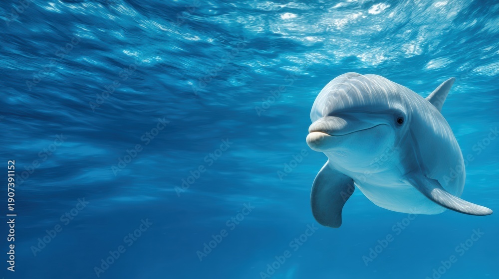 Fototapeta premium Dolphin Swims Toward Open Blue Water in an Underwater Scene With Curiosity and Awareness