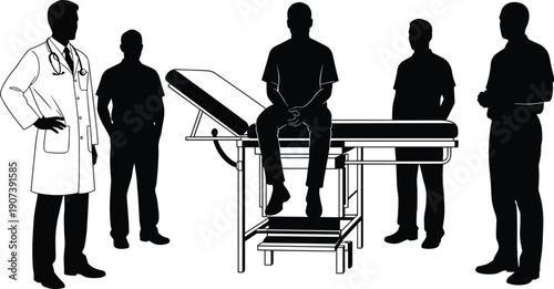 Medical examination silhouettes with doctor and , medical teamwork, diagnostic care, professional healthcare artwork, flat vector illustration