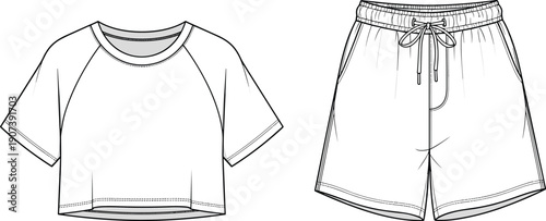 Cropped t‑shirt and drawstring shorts technical fashion sketch, apparel design template, clothing construction outline, stylish garment artwork, textile production concept, flat vector illustration
