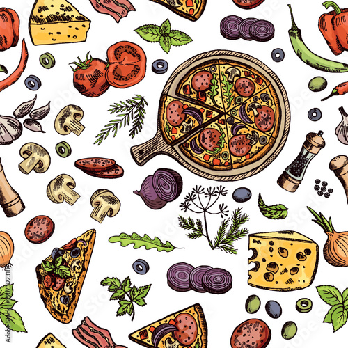 Pizza seamless pattern. Tasty cooking ingredients drawing