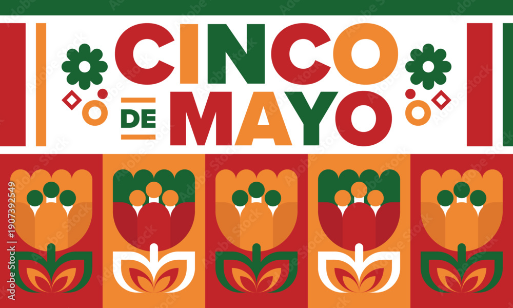 Obraz premium Cinco de Mayo in Mexico. Traditional mexican fiesta in May. National happy holiday with carnival, festival and parade. Latin american and spanish pattern. Illustration with sombrero. Vector poster