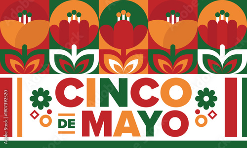 Cinco de Mayo in Mexico. Traditional mexican fiesta in May. National happy holiday with carnival, festival and parade. Latin american and spanish pattern. Illustration with sombrero. Vector poster