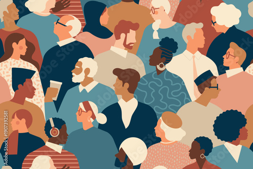 Crowd of young and elderly men and women. Diverse group of stylish people standing together. Diversity equality inclusion. DEIB. Flat cartoon vector illustration.